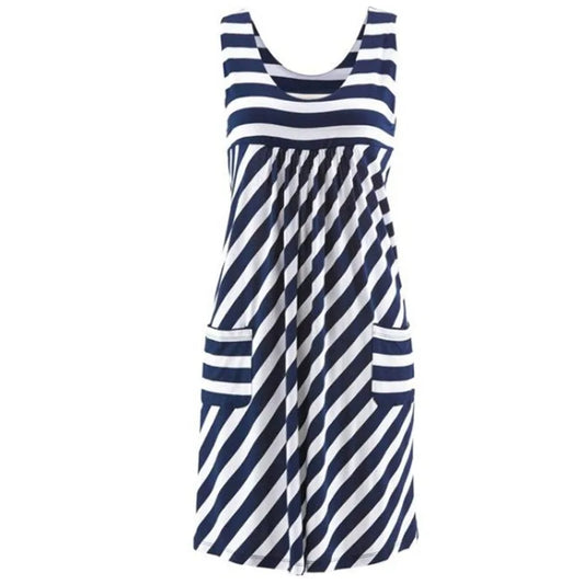Women's Striped Summer Dress Loose Sleeveless Mid-Calf O-Neck Casual Fashion Dress Polyester Fabric Straight Silhouette