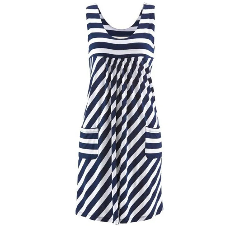 Women's Striped Summer Dress Loose Sleeveless Mid-Calf O-Neck Casual Fashion Dress Polyester Fabric Straight Silhouette