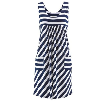 Women's Striped Summer Dress Loose Sleeveless Mid-Calf O-Neck Casual Fashion Dress Polyester Fabric Straight Silhouette
