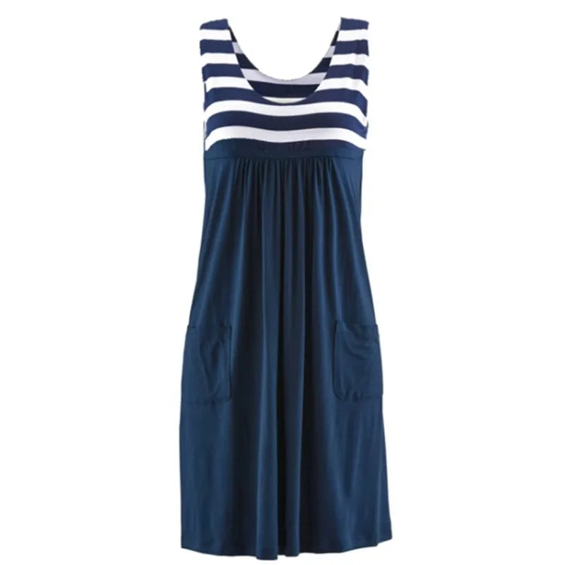 Women's Striped Summer Dress Loose Sleeveless Mid-Calf O-Neck Casual Fashion Dress Polyester Fabric Straight Silhouette