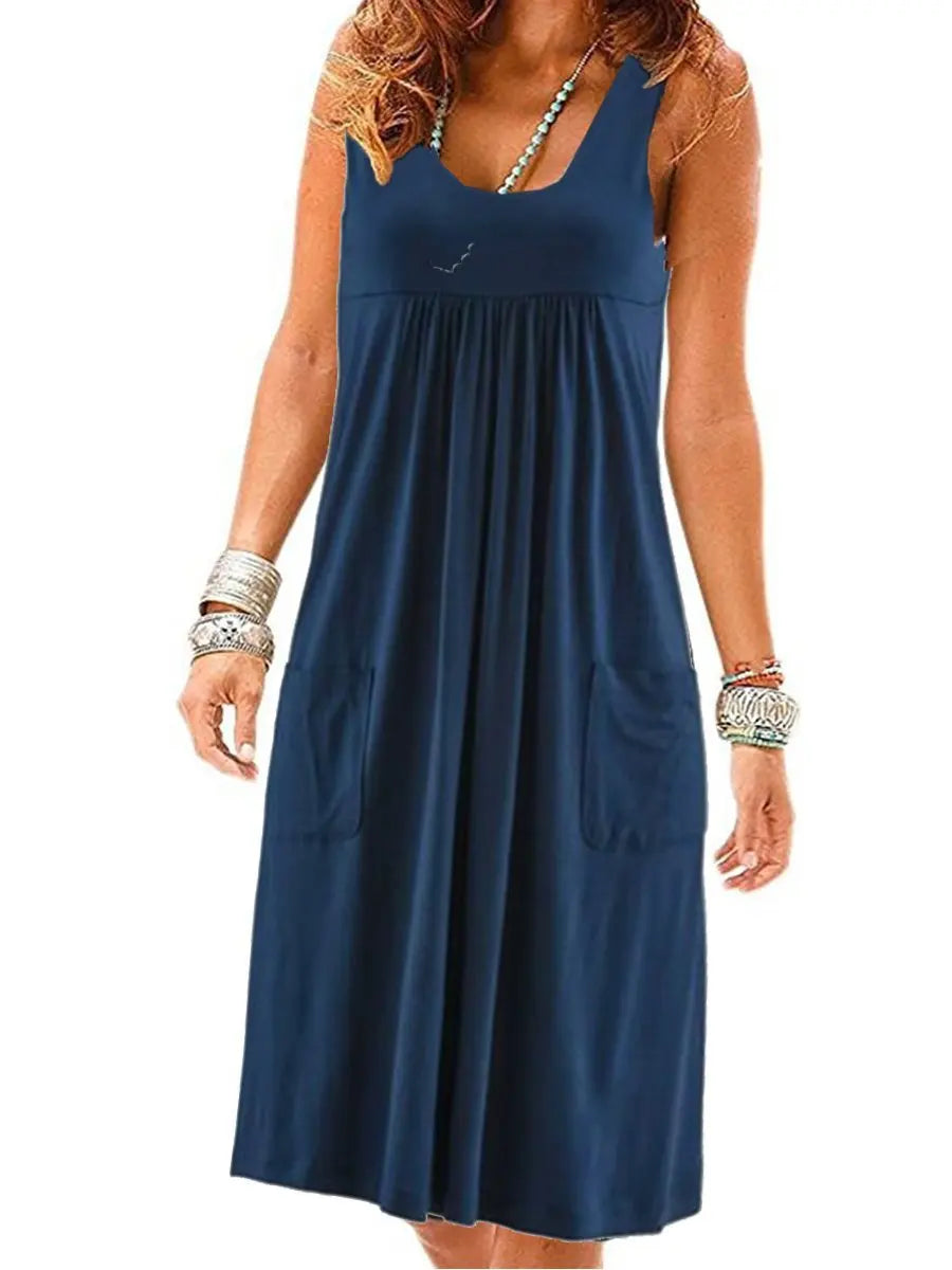 Women's Striped Summer Dress Loose Sleeveless Mid-Calf O-Neck Casual Fashion Dress Polyester Fabric Straight Silhouette