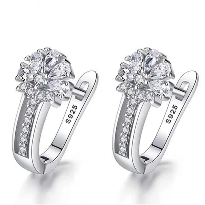 Fine 925 Sterling Silver Inlaid Zircon Crystal Flower Earrings