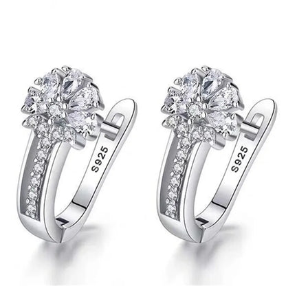Fine 925 Sterling Silver Inlaid Zircon Crystal Flower Earrings