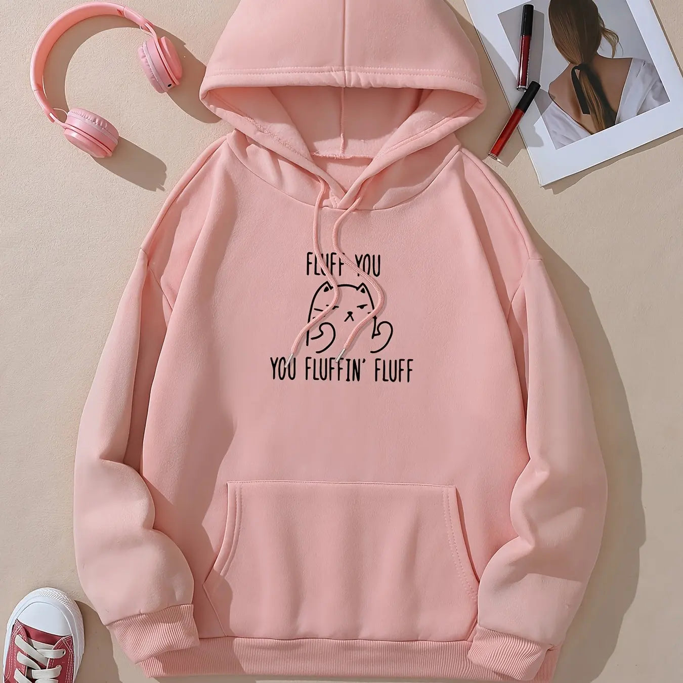 Cute Cat & Letter Printed Pocket Drawstring Hoodie