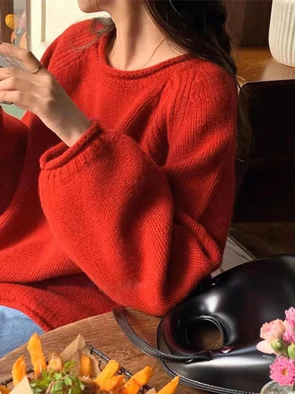 Slouchy Knitted Pullover Cocoon-fit Rolled Edge Plain Sweater