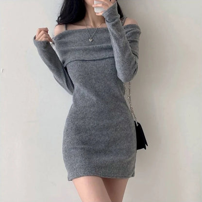 Y2K Women's Knitted Mini Dress Off-Shoulder Spaghetti Strap Long Sleeve Slim Fit above Knee Korean Sexy Spring Dress