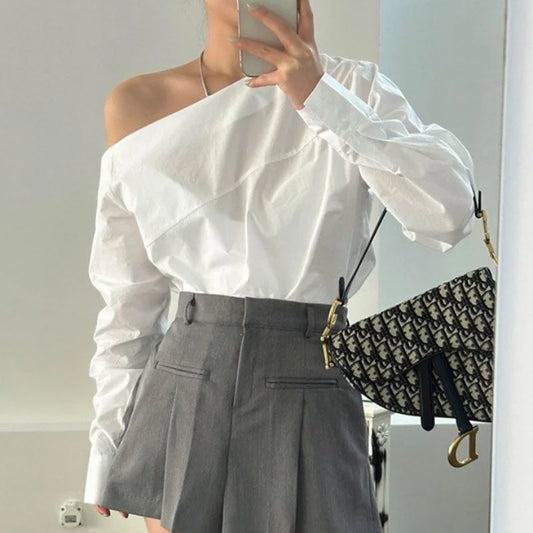 White Women's Off-Shoulder Blouse Long Sleeve Cotton Top Elegant Office Lady Fashion Sexy Casual Straight Collar Pullover