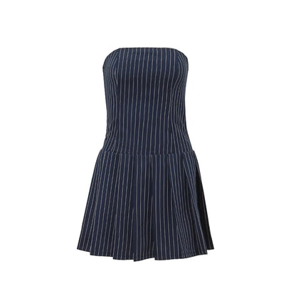 Korean Women's A-Line Dress Y2K Sleeveless Slash-Neck Pleated Stripe Mini Elegant Slim Fit Polyester Spring Summer Fashion