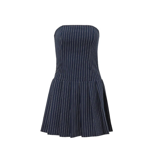 Korean Women's A-Line Dress Y2K Sleeveless Slash-Neck Pleated Stripe Mini Elegant Slim Fit Polyester Spring Summer Fashion