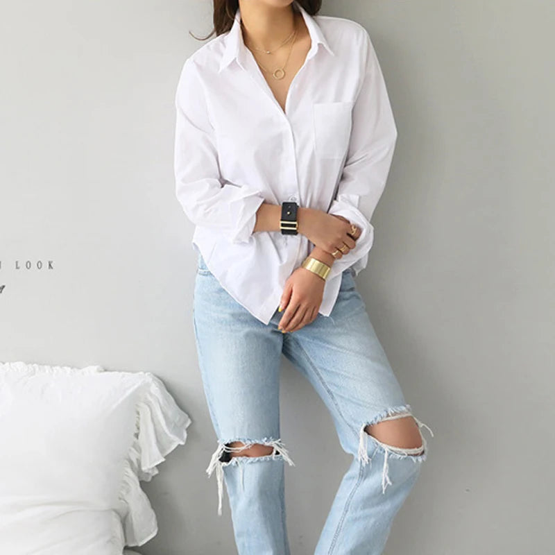 Fashion Women's Cotton Blouse White Shirt Casual OL Style Long Sleeve Top Turn-down Collar Midweight Knit Blusas Mujer De Moda