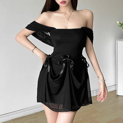 Women's Gothic Sexy Strapless Hooded Long Dress Dark Fairycore Bodycon Ankle-Length with Bow Mesh Detail Polyester Spandex