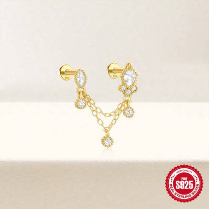 Sterling Silver Double Ear Hole Zircon Women's Flat Earrings