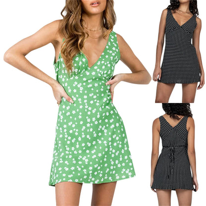 Women's Y2K Mini Dress Sleeveless V-Neck Dot Print High Waist Drawstring Sundress Casual Party Going out Dress Knee-Length