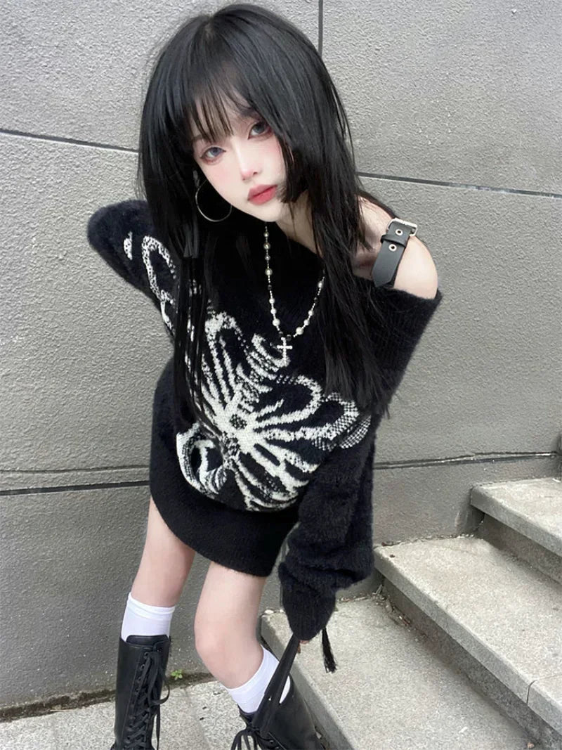 Goth Skull Print Aesthetic Women's Black Pullover Sweater