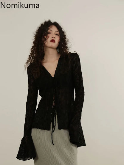Women's Slim Fit Lace Bandage Blouse Temperament Crop Top See through V-Neck Summer Sexy Shirt Office Lady Style Full Sleeve
