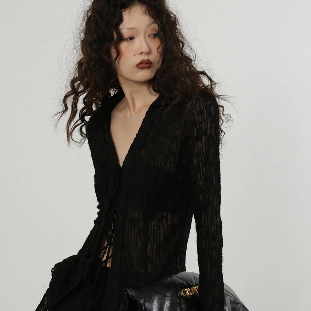 Women's Slim Fit Lace Bandage Blouse Temperament Crop Top See through V-Neck Summer Sexy Shirt Office Lady Style Full Sleeve
