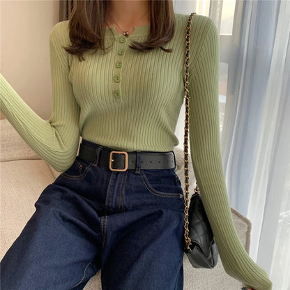 Knitted Pullover Button Down O-neck Comfy Sweater