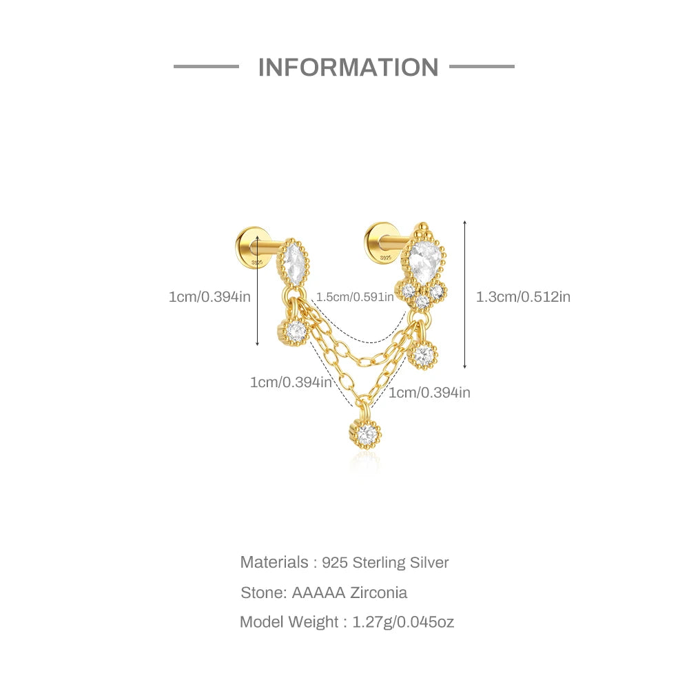 Sterling Silver Double Ear Hole Zircon Women's Flat Earrings