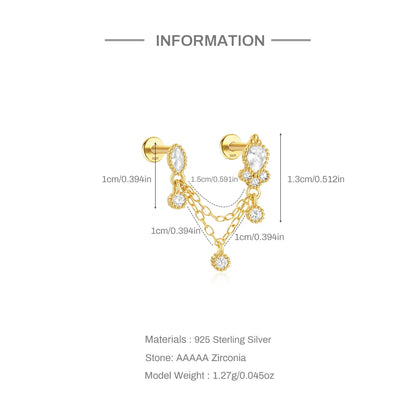 Sterling Silver Double Ear Hole Zircon Women's Flat Earrings