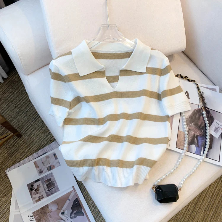 Stripped Versatile Knitted Collared Top