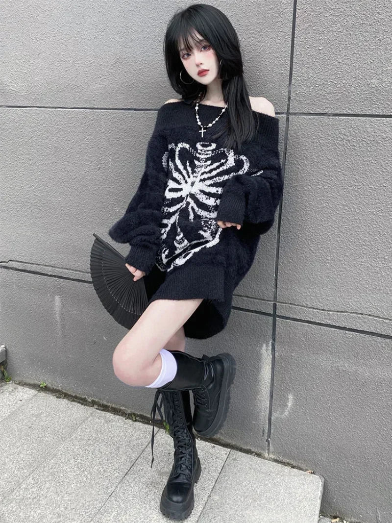 Goth Skull Print Aesthetic Women's Black Pullover Sweater