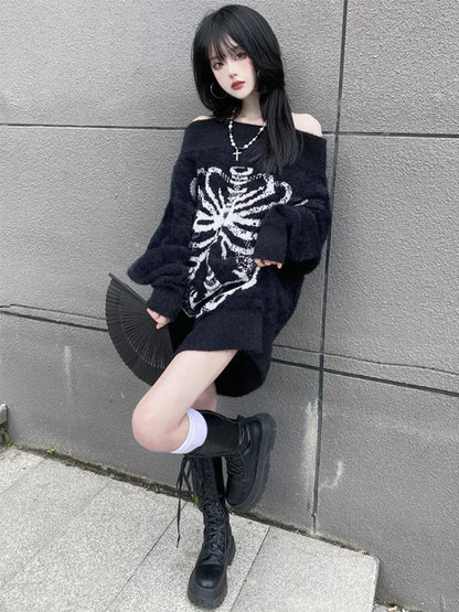 Goth Skull Print Aesthetic Women's Black Pullover Sweater