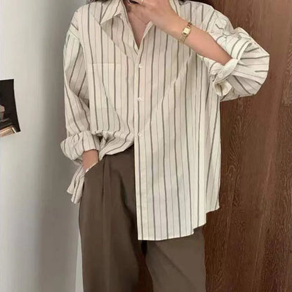 Apricot Spring Long-sleeved Striped Top Blouse