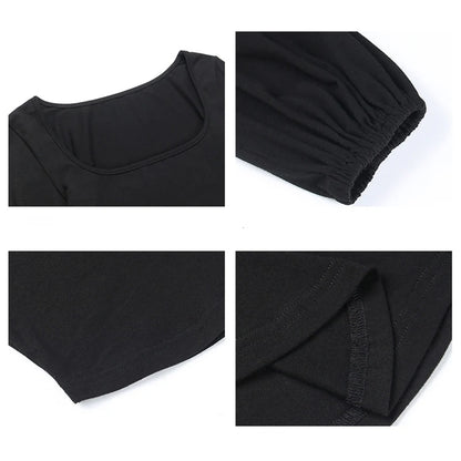 Women's Black Elegant Casual Blouse Long Sleeve Lantern Shirt Slim Fit Square Collar All-Match Solid Color T-Shirt