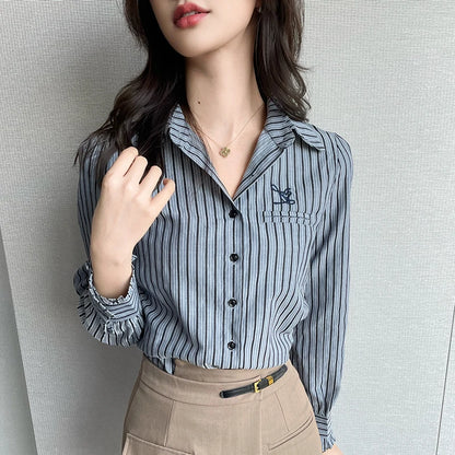 Elegant Women's Blouse Chic Office Shirt Turn-down Collar Full Sleeve Polyester Spandex Blend Regular Fit Striped Pattern