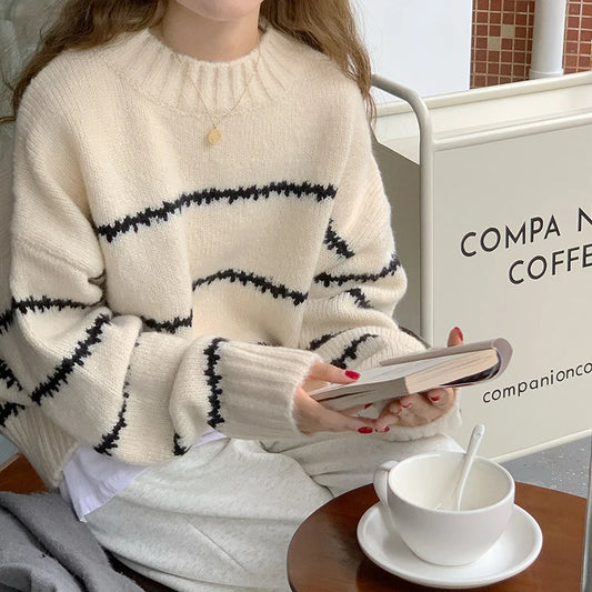Women Casual Autumn Knitted Loose Stripped Sweater
