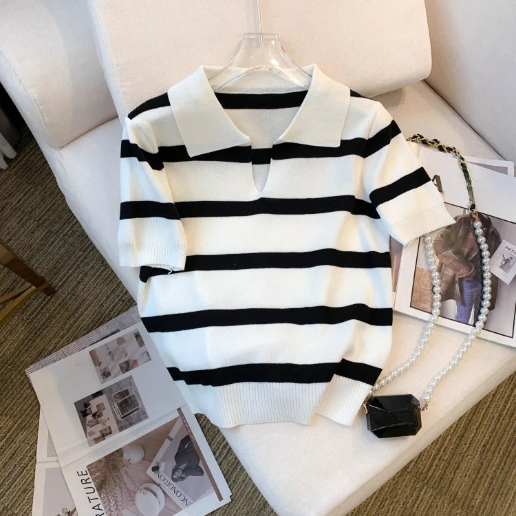 Stripped Versatile Knitted Collared Top