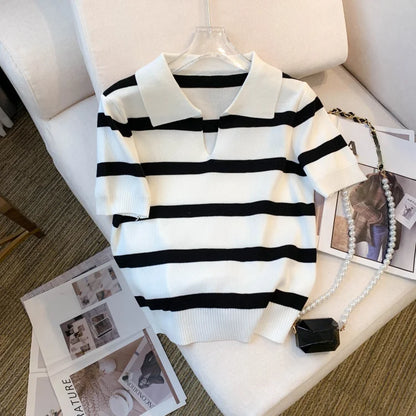 Stripped Versatile Knitted Collared Top