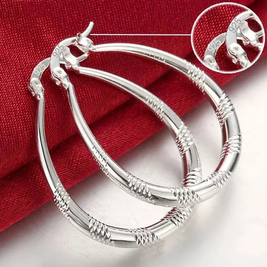 925 Sterling Silver Hoop Engraved Stripped Design Earrings