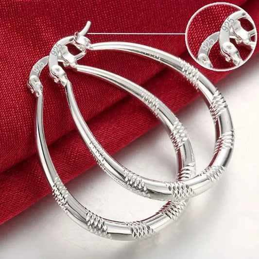925 Sterling Silver Hoop Engraved Stripped Design Earrings