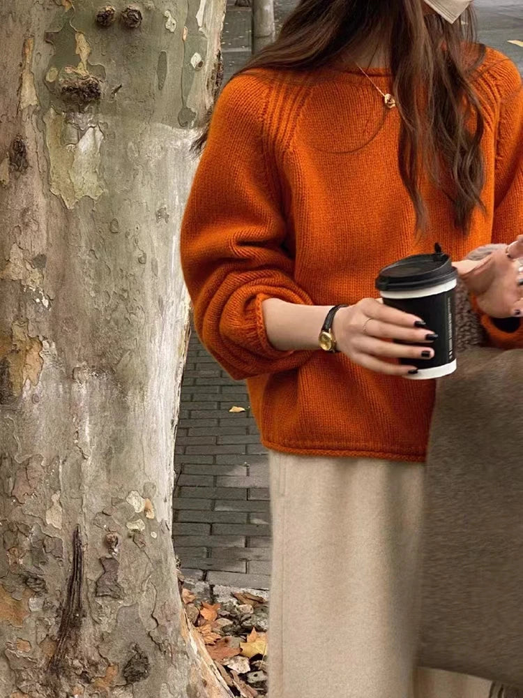 Slouchy Knitted Pullover Cocoon-fit Rolled Edge Plain Sweater