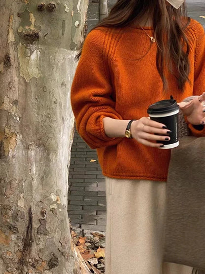Slouchy Knitted Pullover Cocoon-fit Rolled Edge Plain Sweater