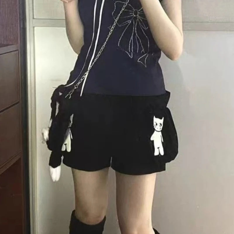 Japanese Cute Black Cartoon Cat Print Shorts