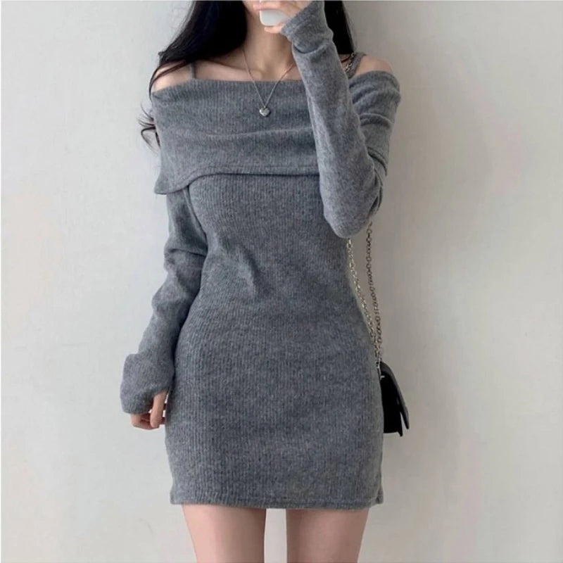 Y2K Women's Knitted Mini Dress Off-Shoulder Spaghetti Strap Long Sleeve Slim Fit above Knee Korean Sexy Spring Dress