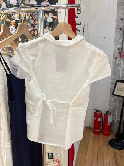 White Cotton Blouse T-Shirt for Women Summer Peter Pan Collar Short Sleeve Slim Fit Casual Cute Lace-Up Crop Top