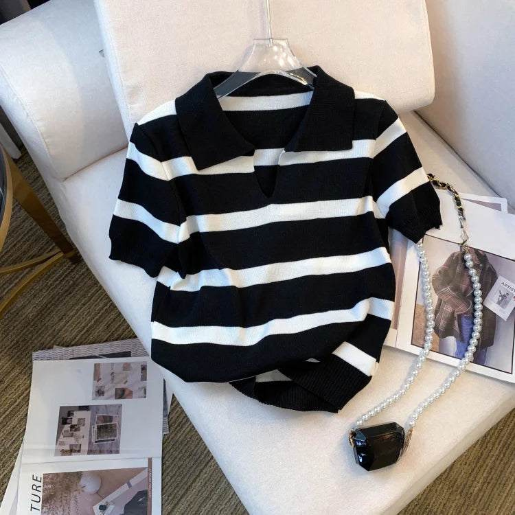 Stripped Versatile Knitted Collared Top