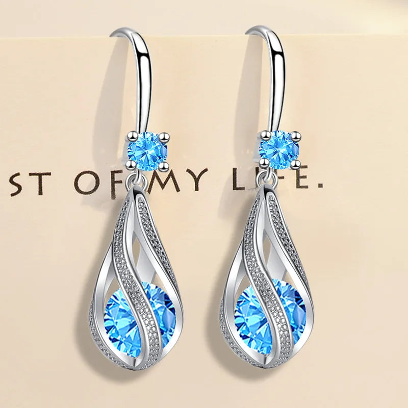 Luxury 925 Sterling Water Crystal Drop Hoop Earings