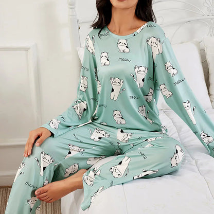 Spring Green Cat Collided Pajamas Top & Pants