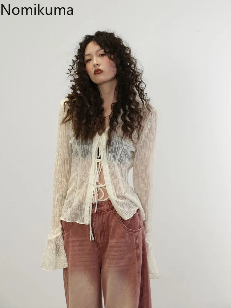 Women's Slim Fit Lace Bandage Blouse Temperament Crop Top See through V-Neck Summer Sexy Shirt Office Lady Style Full Sleeve