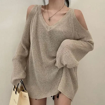 Knitted V-neck Off Shoulder Sweater Cover Up Blouse