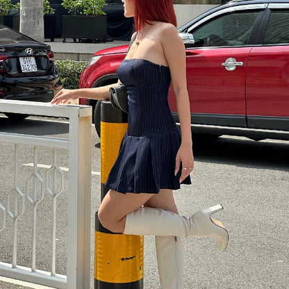 Korean Women's A-Line Dress Y2K Sleeveless Slash-Neck Pleated Stripe Mini Elegant Slim Fit Polyester Spring Summer Fashion