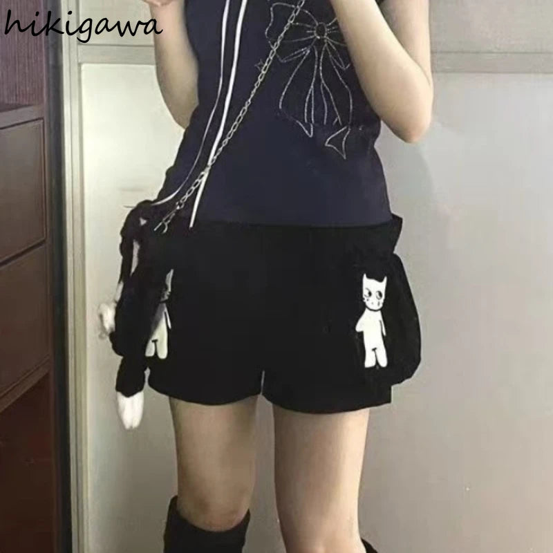 Japanese Cute Black Cartoon Cat Print Shorts
