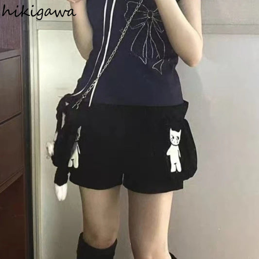 Japanese Cute Black Cartoon Cat Print Shorts