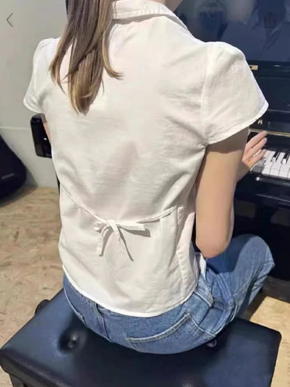 White Cotton Blouse T-Shirt for Women Summer Peter Pan Collar Short Sleeve Slim Fit Casual Cute Lace-Up Crop Top