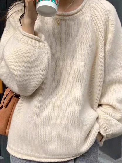 Slouchy Knitted Pullover Cocoon-fit Rolled Edge Plain Sweater