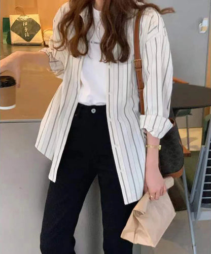 Apricot Spring Long-sleeved Striped Top Blouse